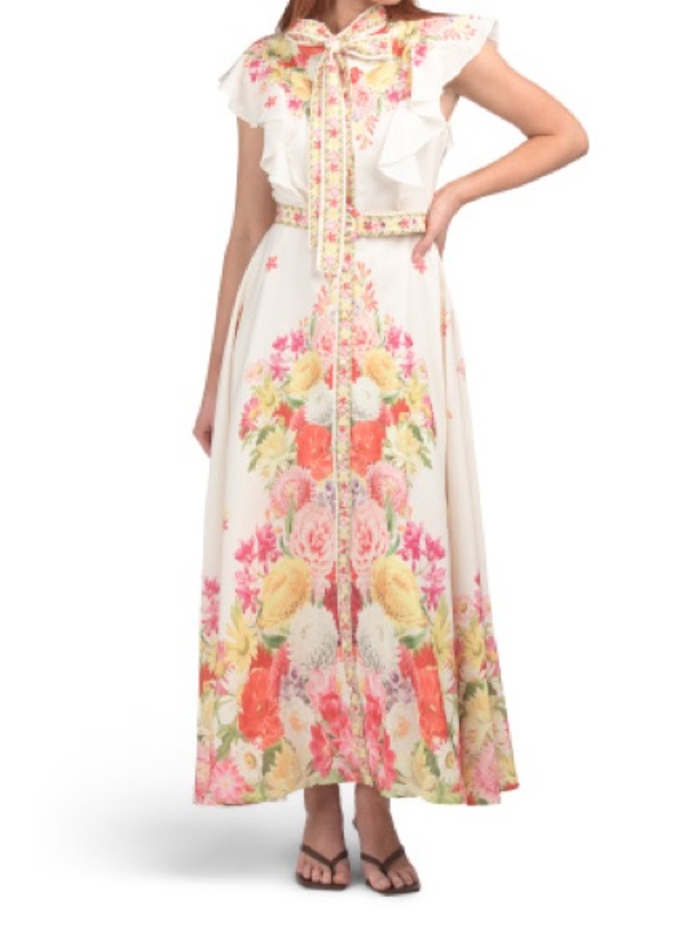 Dalia MacPhee Cream Floral Maxi Dress with Pink & Yellow Blooms